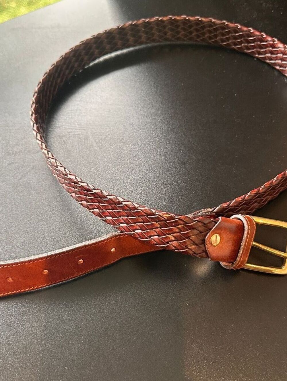 Brown Braided Leather Belt Solid Brass Buckle 1 Inch Wide Unisex Classic